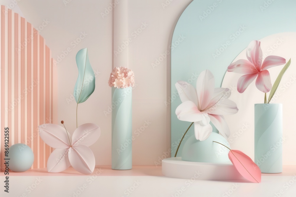 Poster minimalist geometric floral arrangements in a modern studio setting, featuring pastel colors and cle