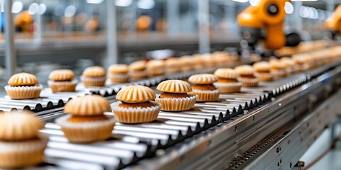 Production line of the factory for the manufacture of cakes. Conveyor belt with muffins