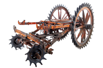 Vintage farm machinery with large iron wheels and intricate gears, showcasing old agricultural equipment on white background.