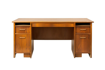 Wooden office desk with four drawers and open space for chair, perfect for work or study spaces. Classic and sturdy design.