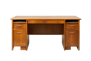 Wooden office desk with four drawers and open space for chair, perfect for work or study spaces. Classic and sturdy design.