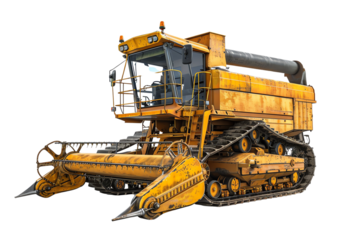 Yellow agricultural combine harvester used for harvesting crops in the field, featuring large tracks and modern machinery.