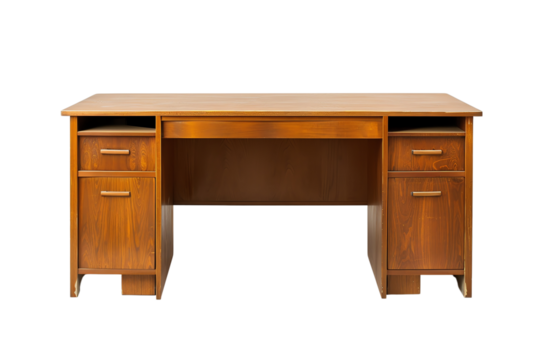 Wooden office desk with four drawers and open space for chair, perfect for work or study spaces. Classic and sturdy design.