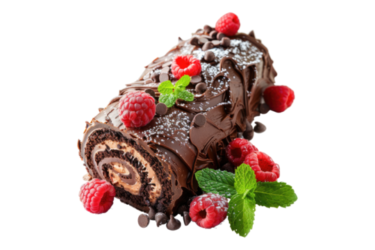 Chocolate roll cake with red berries isolated on transparent background