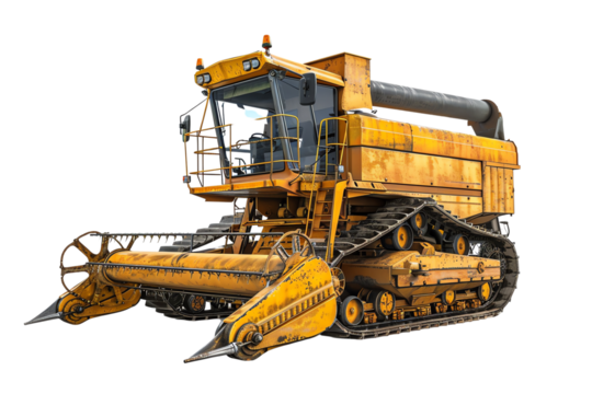Yellow agricultural combine harvester used for harvesting crops in the field, featuring large tracks and modern machinery.