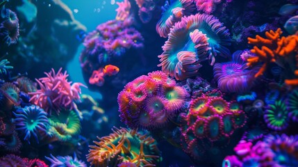 Fototapeta premium A close-up photograph showcasing a vibrant coral reef ecosystem teeming with luminous sea creatures, showcasing the beauty of underwater life