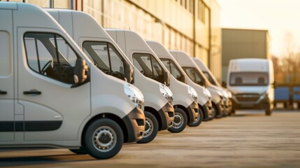 A side view of a row of brand new delivery vans parked neatly in a loading bay outside a commercial building