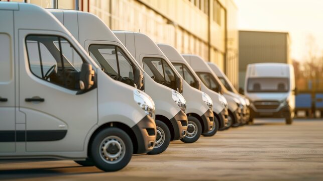 A side view of a row of brand new delivery vans parked neatly in a loading bay outside a commercial building