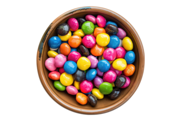 Colorful candies in a bowl isolated on transparent background