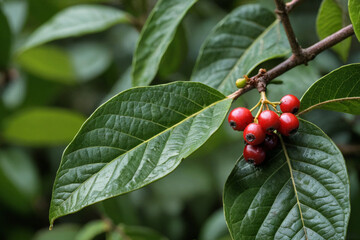 Close-Up of Ripe Red Coffee Cherries on Coffee Tree Branch with Green Leaves - Organic Coffee Bean Plant