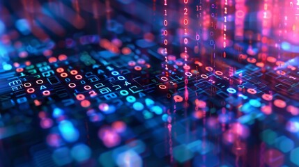 An abstract close-up image featuring digital encryption codes and binary patterns in vibrant colors. The design suggests the fusion of complex technological elements