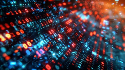 Close-up of digital encryption codes and binary patterns layered on a digital interface, symbolizing the fusion of information and technology