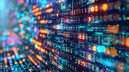 A vibrant, abstract close-up image depicting the fusion of digital encryption codes and binary patterns overlaying a digital interface