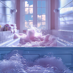 Overflowing Bubbles from Soap Dispenser- A close-up shot of bubbles overflowing from a soap dispenser, creating a playful and whimsical scene.