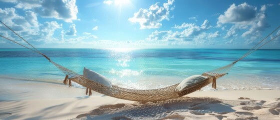 Serene Summer Bliss - Woman relaxing in a hammock on a tropical beach on a sunny day, enjoying leisure and tranquility by the sea.