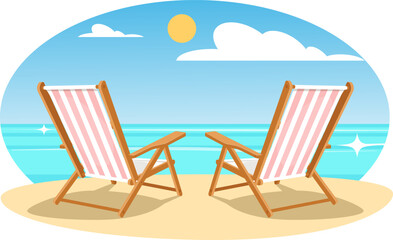 two beach chairs standing on the sand of the beach