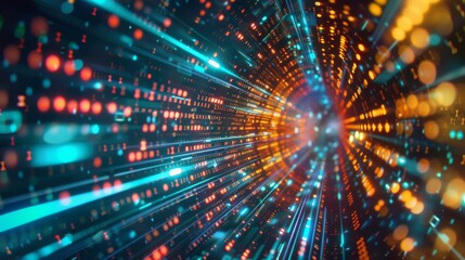 An angled view of a digital display showing an abstract pixelated data flow with vibrant binary code patterns