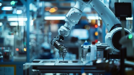 An extreme close-up image of a robotic arm working within a high-tech laboratory setting. The intricate details of the robots arm are highlighted, showcasing its precision and functionality
