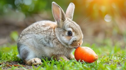 Fototapeta premium Realistic rabbit and his favorite food carrot