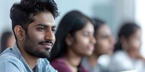 Fototapeta premium Adults improving skills in college evening course with Indian expert and laptops. Concept Evening College Courses, Skill Improvement, Indian Expert, Laptop Training, Adult Education
