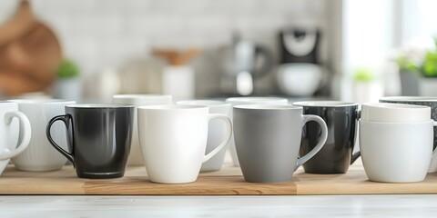 Fototapeta premium Coffee mugs arranged in a flat lay on a cozy kitchen table with copy space. Concept Flat Lay Photography, Cozy Home Decor, Coffee Mug Styling, Kitchen Table Setup, Copy Space Arrangement