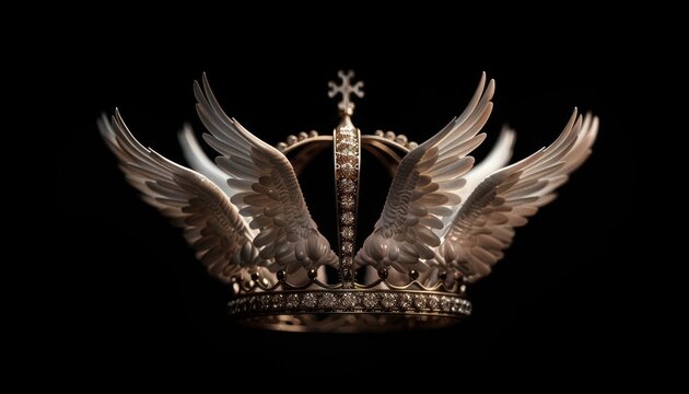 Ornate crown with wings on a black background, symbolizing royalty and freedom. Perfect for concepts of power, luxury, and elegance.