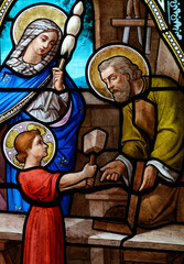 Holy family of Jesus, Mary and St Joseph the worker. Sainte famille de J&eacute;sus, Marie et St Joseph travailleur.