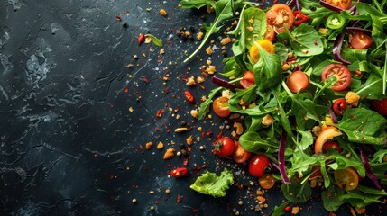 top shot crumbs and pieces of salad  with copy space
