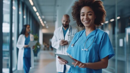 The smiling nurse with tablet