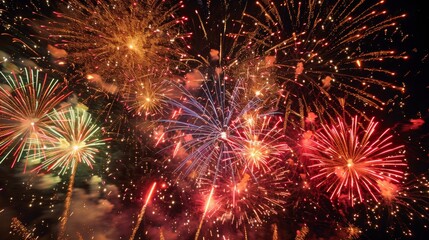 Obraz premium A wide-angle photo captures a colorful fireworks display against a dark night sky. The vibrant explosions fill the frame, leaving copy space on the right side