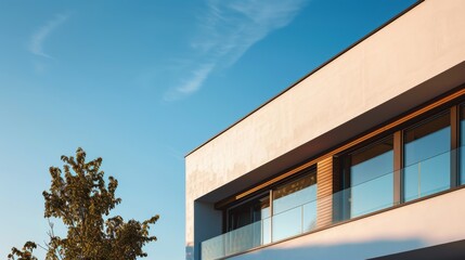 A wide shot of a modern house with a balcony and large windows. The house is painted white and has a minimalist design. The sky is blue and there are some clouds in the sky