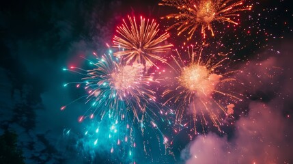 Fototapeta premium A wide-angle photo of a vibrant fireworks display against a night sky. The image features multiple fireworks exploding in the sky, creating a colorful and festive scene