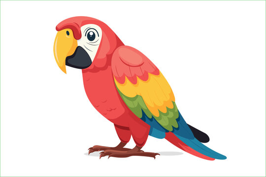 cute parrot bird cartoon posing, isolated on a white background, Flat style cartoon vector illustration. Tropical Cool Bird Red Parrot Macaw. Cartoon red parrot on a white background. 