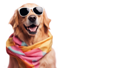 Cute golden retriever wearing sunglasses and colorful scarf isolate on transparent background, cutout, png