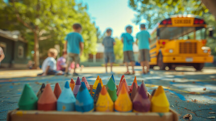 Group of former classmates gathers around a classic, vintage school bus
