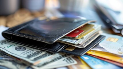 A close-up, high-angle image of an open wallet containing cash, credit cards, and receipts. The wallet is lying on a desk or countertop