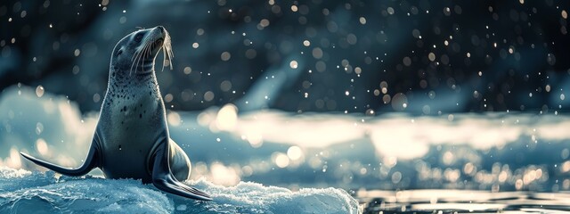  A seal atop an ice float in the midst of the ocean, gape open maw