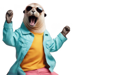 Otter in trendy clothing and sunglasses posing energetically with raised arms isolate on transparent background, cutout, png