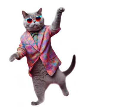 Grey british cat wearing colorful jacket and sunglasses isolate on transparent background, cutout, png