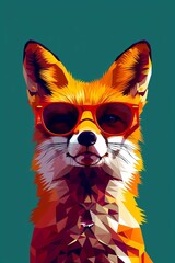 Portrait of a fox in sunglasses on a dark background in the cubist style. A low-poly illustration. An image made of multicolored geometric pieces