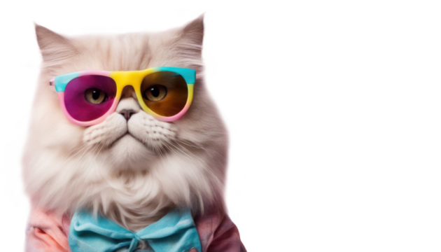 Stylish fluffy white cat wearing colorful sunglasses and a bow tie, isolate on transparent background, cutout, png - Powered by Adobe