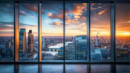 Obraz na płótnie Canvas A panoramic view of Londons skyline at sunset, seen through the large windows of a modern office building