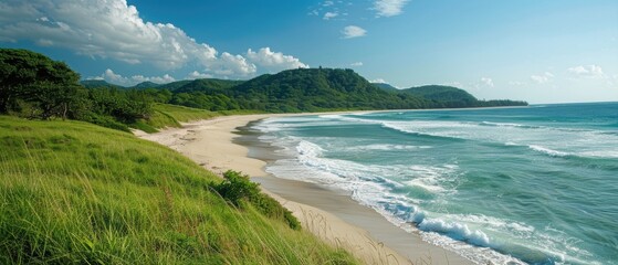 Obraz premium Tranquil Convergence: Lush Greenery Embracing Sandy Shoreline