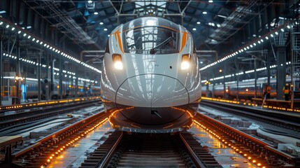 Obraz premium Front View of High-Speed Train. Striking front view of a high-speed train in a brightly lit train station, showcasing its aerodynamic design and modern features.