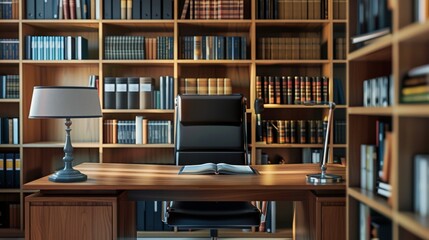 A professional office desk with a bookshelf behind it and a leather chair in front. There is copy space on the right side of the image