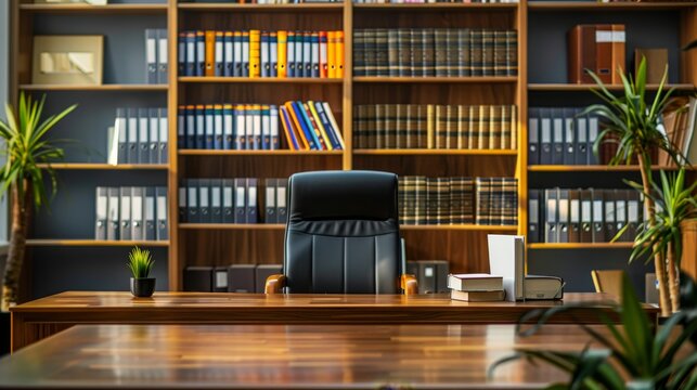 This photo showcases a professional office desk setup perfect for Zoom backgrounds. The desk features a bookshelf filled with books and binders, a black leather chair, and a wooden desk