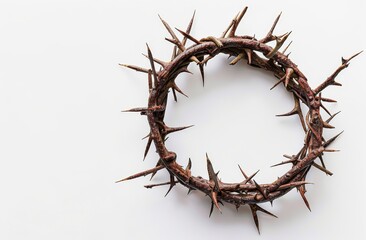 A crown of thorns on white background, top view, flat lay. The composition emphasizes the textures and shapes of sharp metal spines forming an intricate pattern around its edges