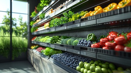 Organized Fresh Produce on Store Shelves. Neatly organized fresh produce on modern store shelves, showcasing a variety of vegetables and fruits with greenery visible outside.