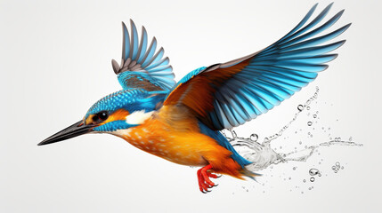 Obraz premium Stunning image of a kingfisher gracefully diving for fish in a clear lake, captured with water droplets splashing, isolated on a white background.