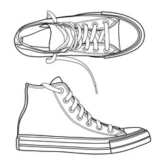 Classic high top sneakers, gym shoes. Classic vintage style, side and top view. Hand drawn detailed outline vector illustration.